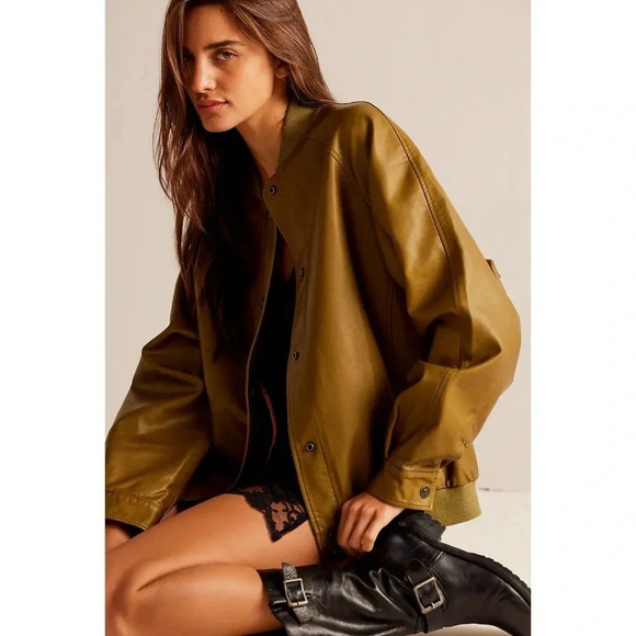 New Free People Wild Rose Vegan Leather Bomber Jacket Green We The Free Small - Picture 3 of 12